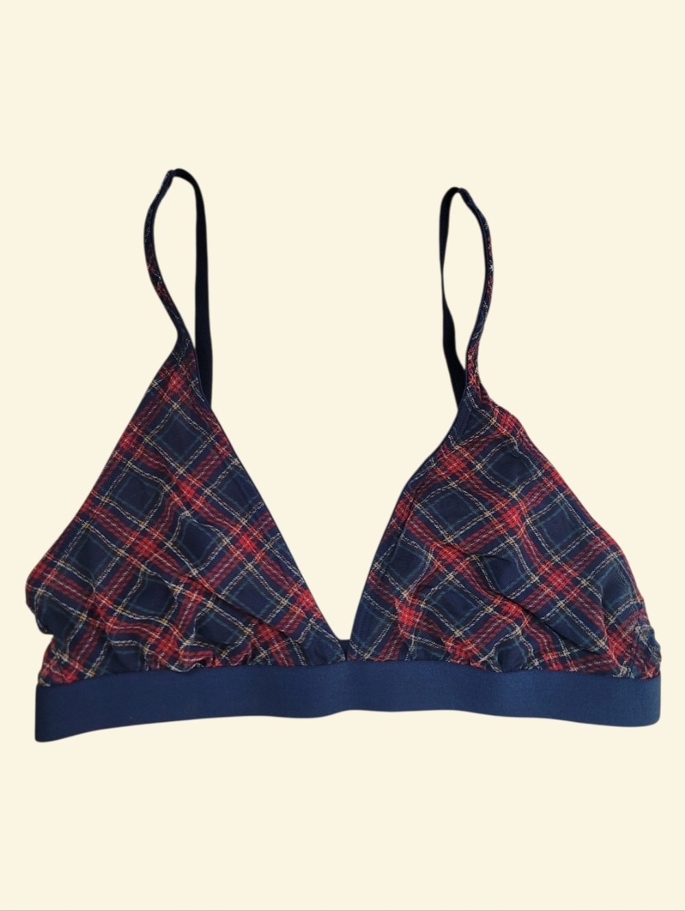 Parade Small Plaid Mesh Triangle Silky Mesh Plunge Bralette Soft Blue Red